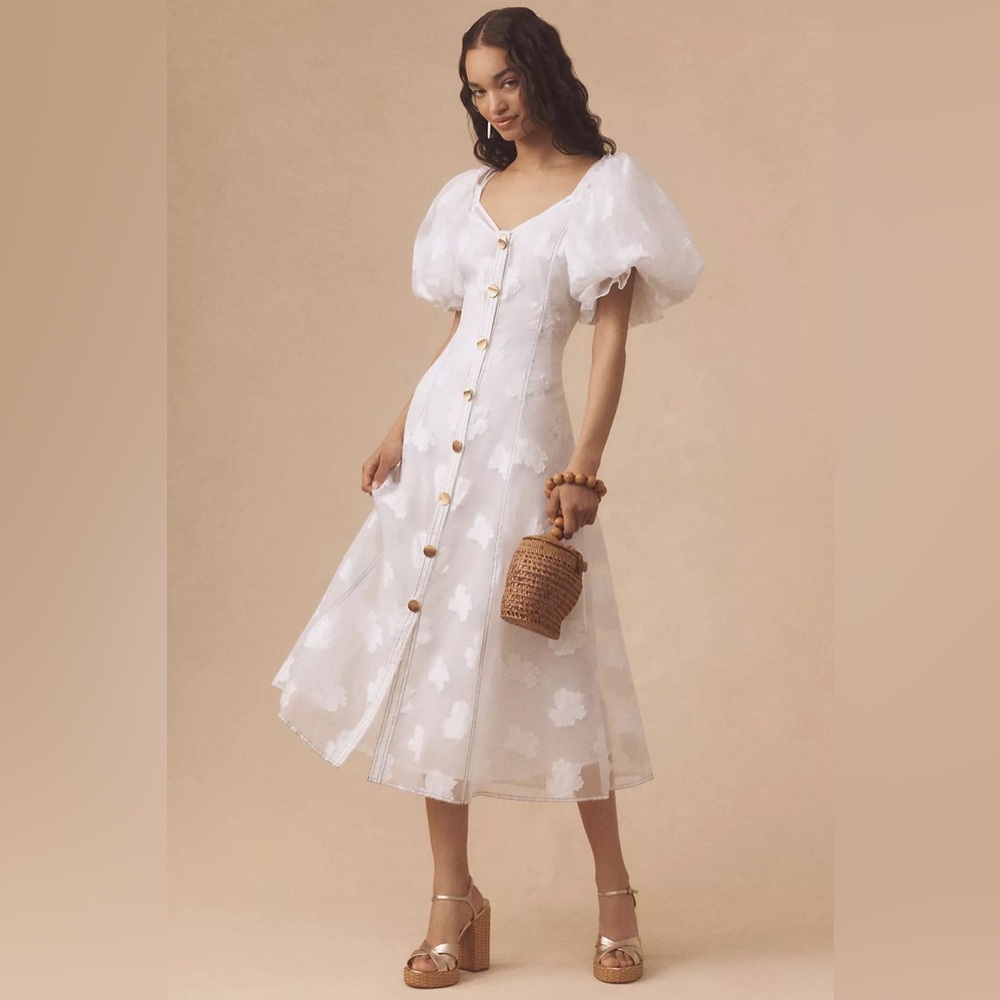 BRAND NEW Anthropologie Let Me Be Puff-Sleeve Sheer White Midi Dress